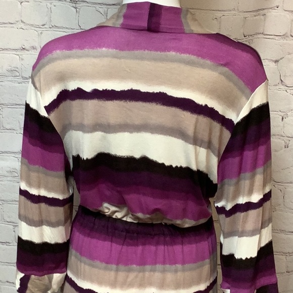 Josie By Natori Purple Tan White Striped Short Wrap Stretch Robe Sz M - Picture 9 of 12